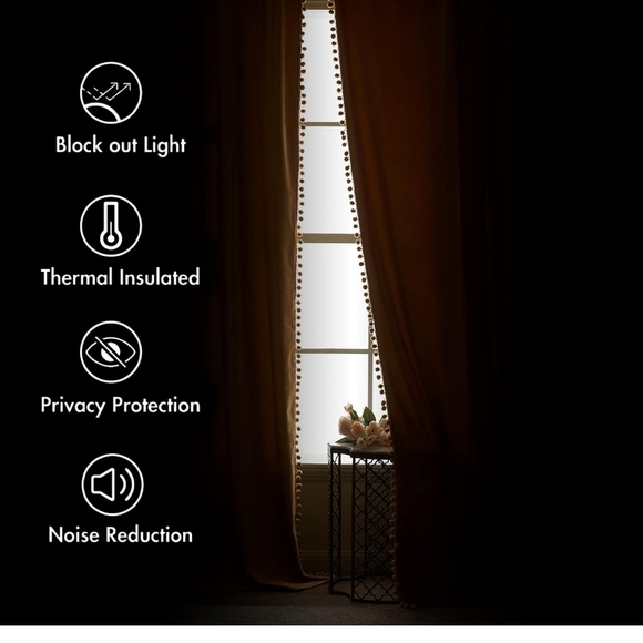 Miulee 63x52 Velvet Pom Pom Mustard Yellow Curtains Room Darkening Thermal Set 2 - Picture 6 of 10
